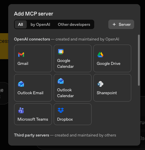 Add MCP server dialog — click + Server for a custom remote server