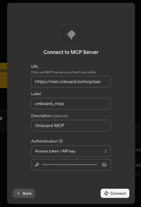 Connect to MCP Server filled with rest.onboard.io and API key