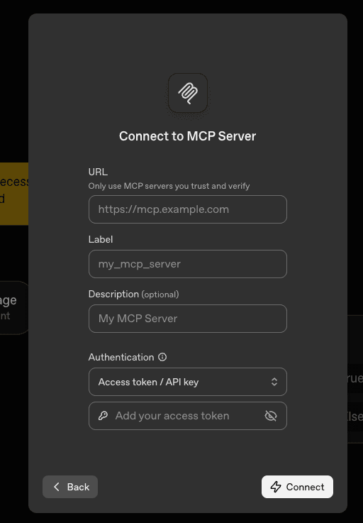 Connect to MCP Server — URL, label, and authentication fields