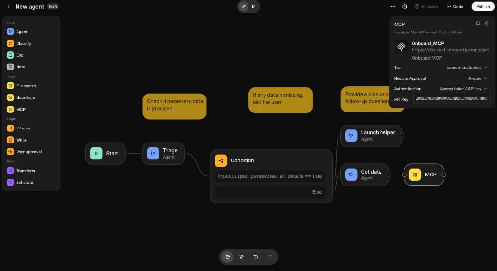 Agent Builder workflow with MCP node connected to Onboard